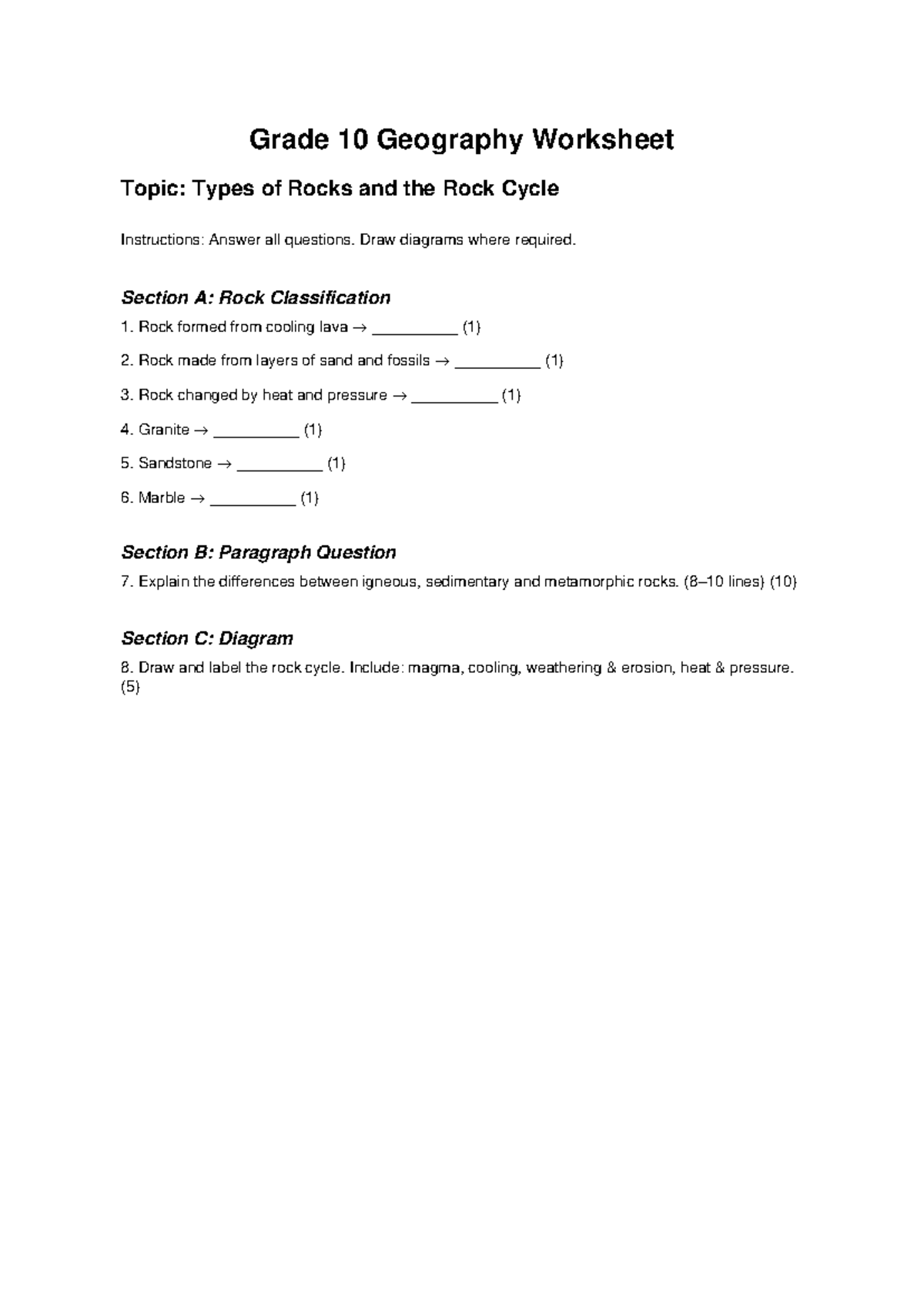 Grade 10 Geography Worksheet: Types of Rocks & Rock Cycle - Studocu
