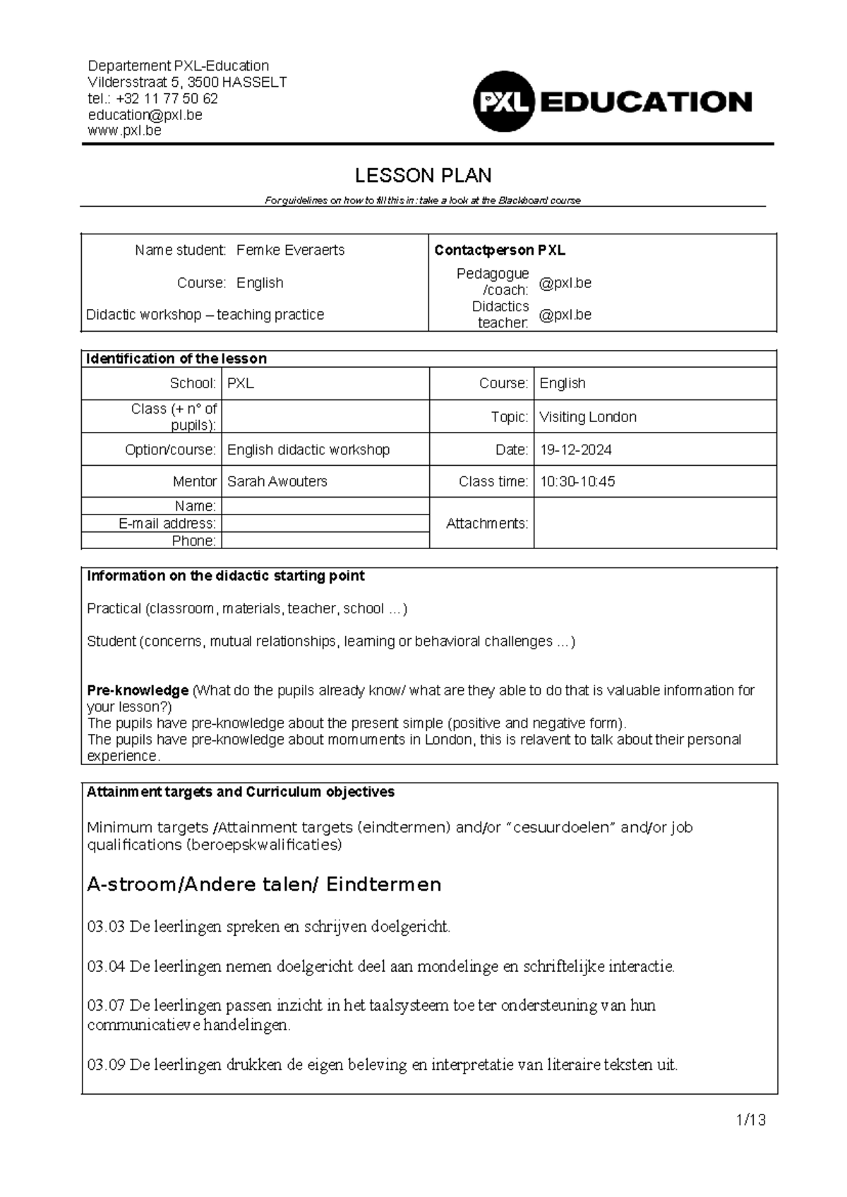 English Didactic Workshop Lesson Plan: Visiting London (PXL) - Studocu