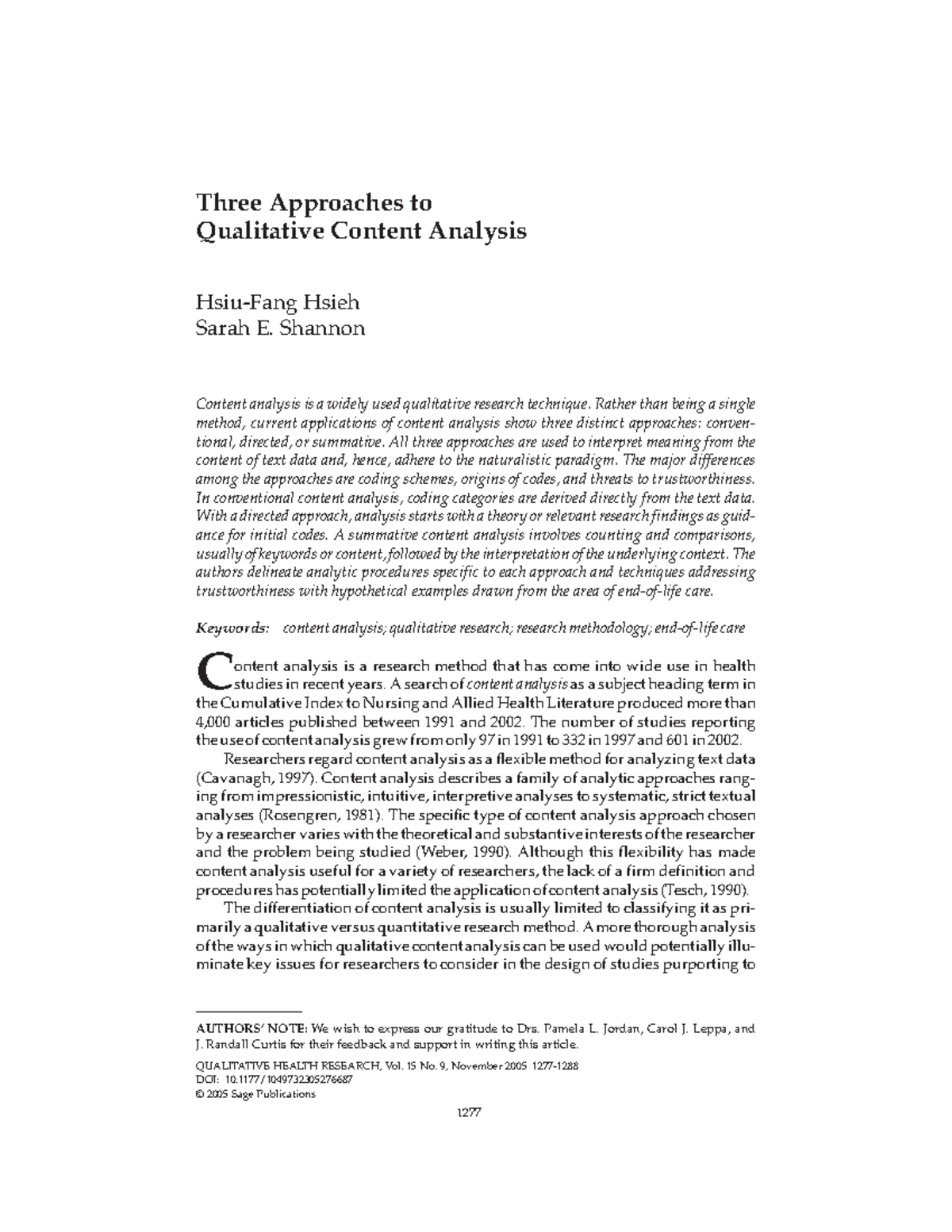 HSCI 205 - Three Approaches to Qualitative Content Analysis by Hsieh ...