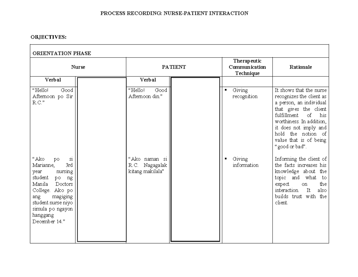 PROCESS RECORDING: ORIENTATION PHASE & THERAPEUTIC TECHNIQUES (NPI ...