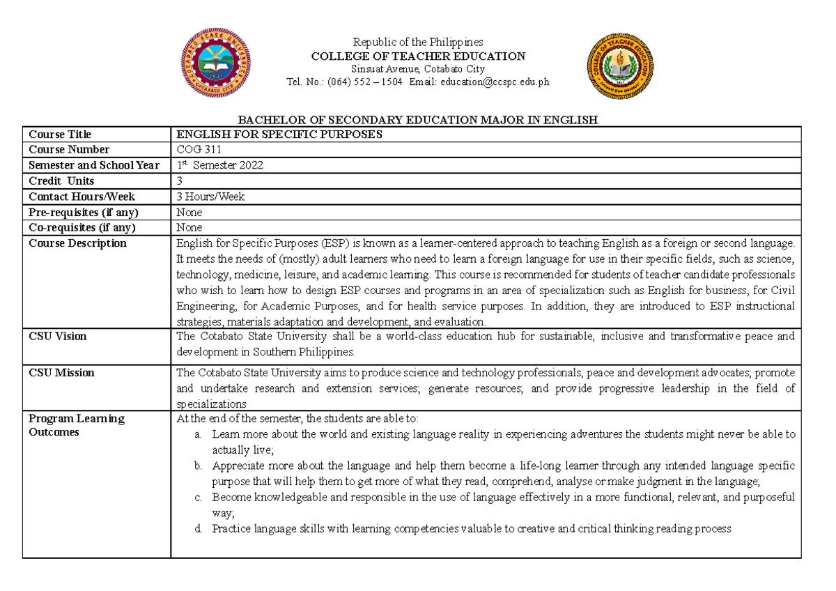 Syllabus on English for Specific Purpose - COLLEGE OF TEACHER EDUCATION ...
