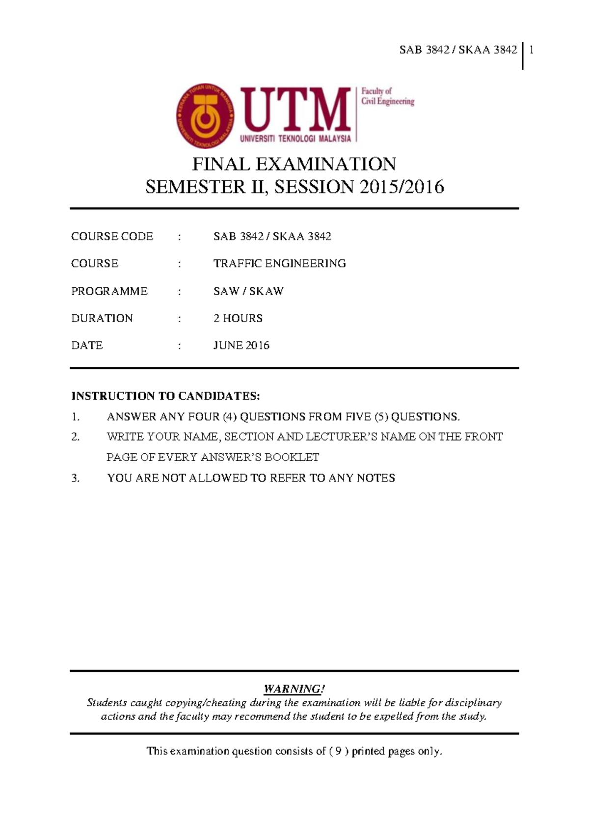 SAB 3842 SKAA 3842 Final Examination: Traffic Engineering June 2016 ...