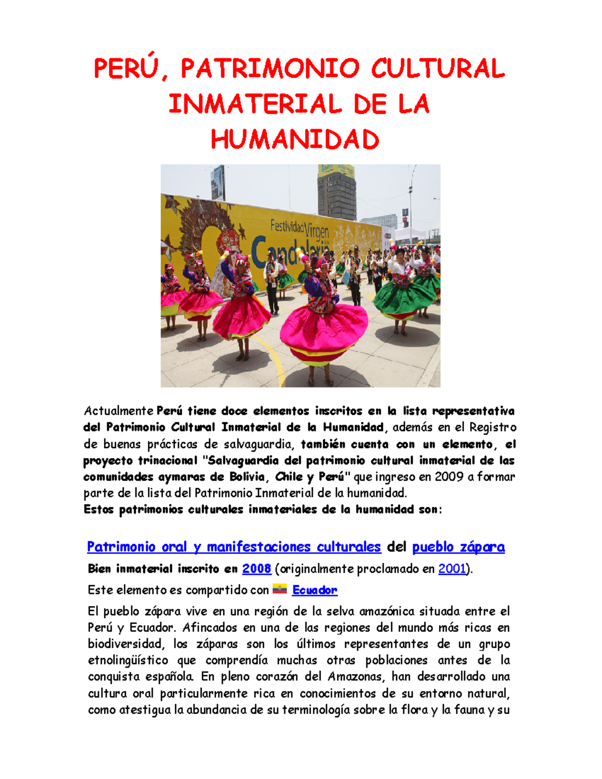 Patrimonio Cultural Inmaterial de Perú: Elementos y Desafíos - Studocu