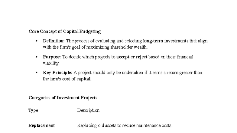 CAP BUD Notes: Summary of Capital Budgeting Concepts and Techniques ...