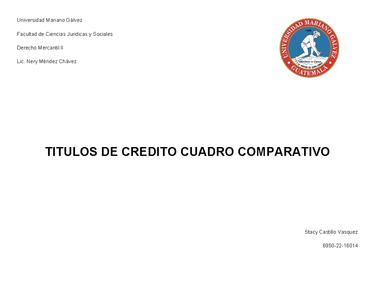 Derecho Mercantil II: Cuadro Comparativo de Títulos de Crédito - Document Preview