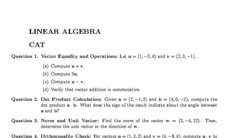 Linear Algebra CAT: Test on Vectors, Matrices, and Proofs - Studocu