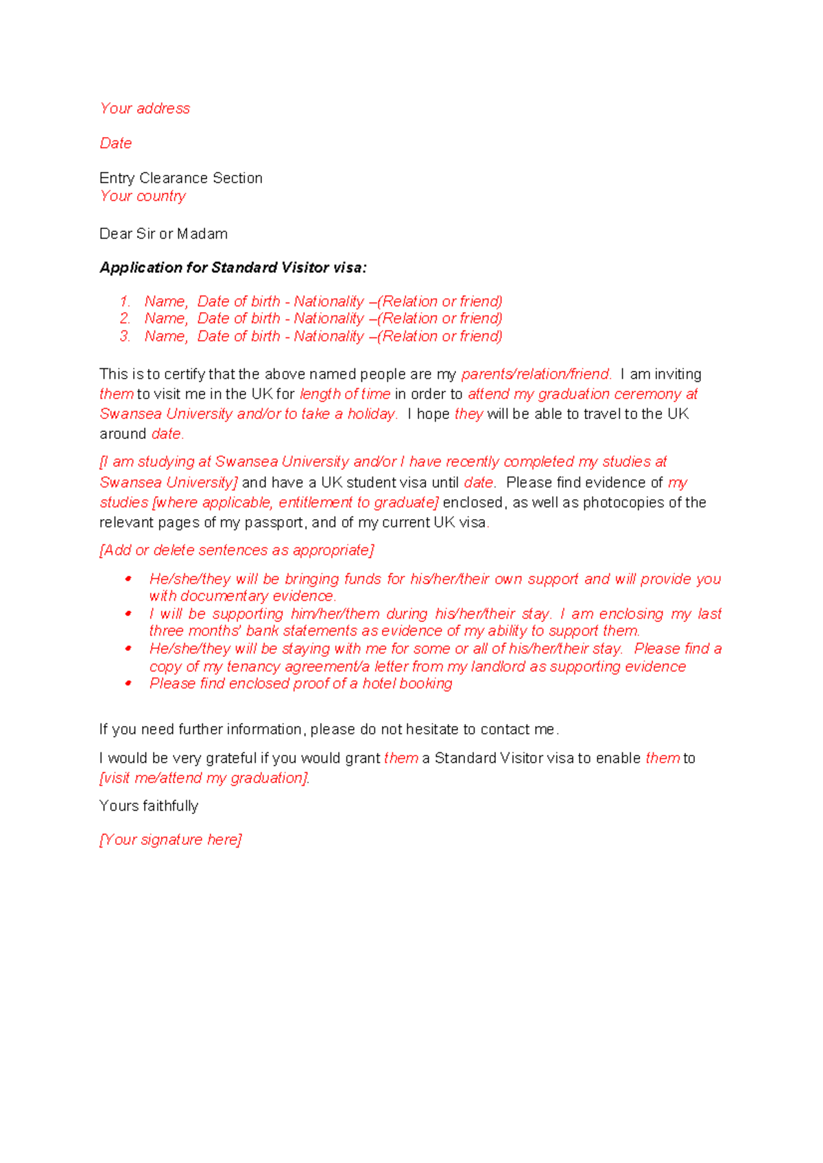 Invitation Letter Template for Standard Visitor Visa Application - Studocu