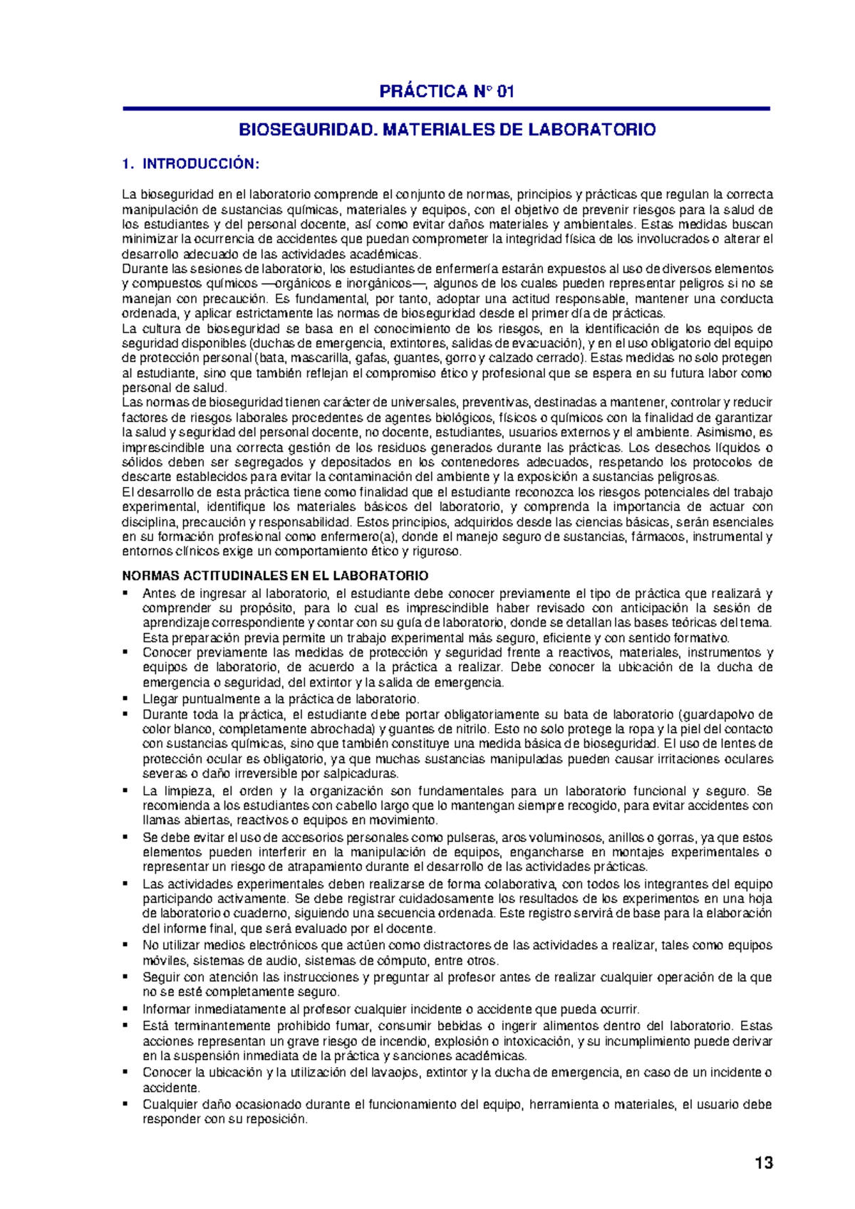PRÁCTICA 01: BIOSEGURIDAD EN MATERIALES DE LABORATORIO 1 - Studocu