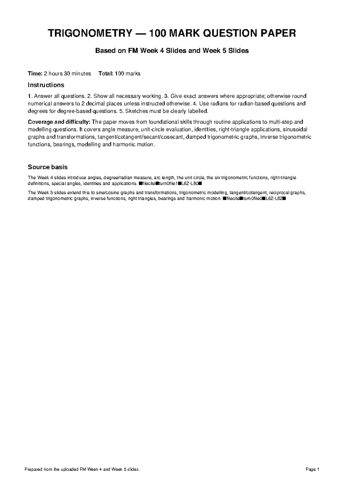 TRIGONOMETRY 100 MARK TEST PAPER - FM Week 4 & 5 Slides - Studocu