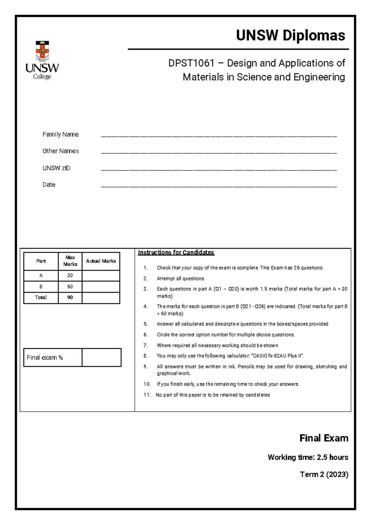 UNSW DPST1061 Final Exam Instructions & Formula Sheet - Studocu