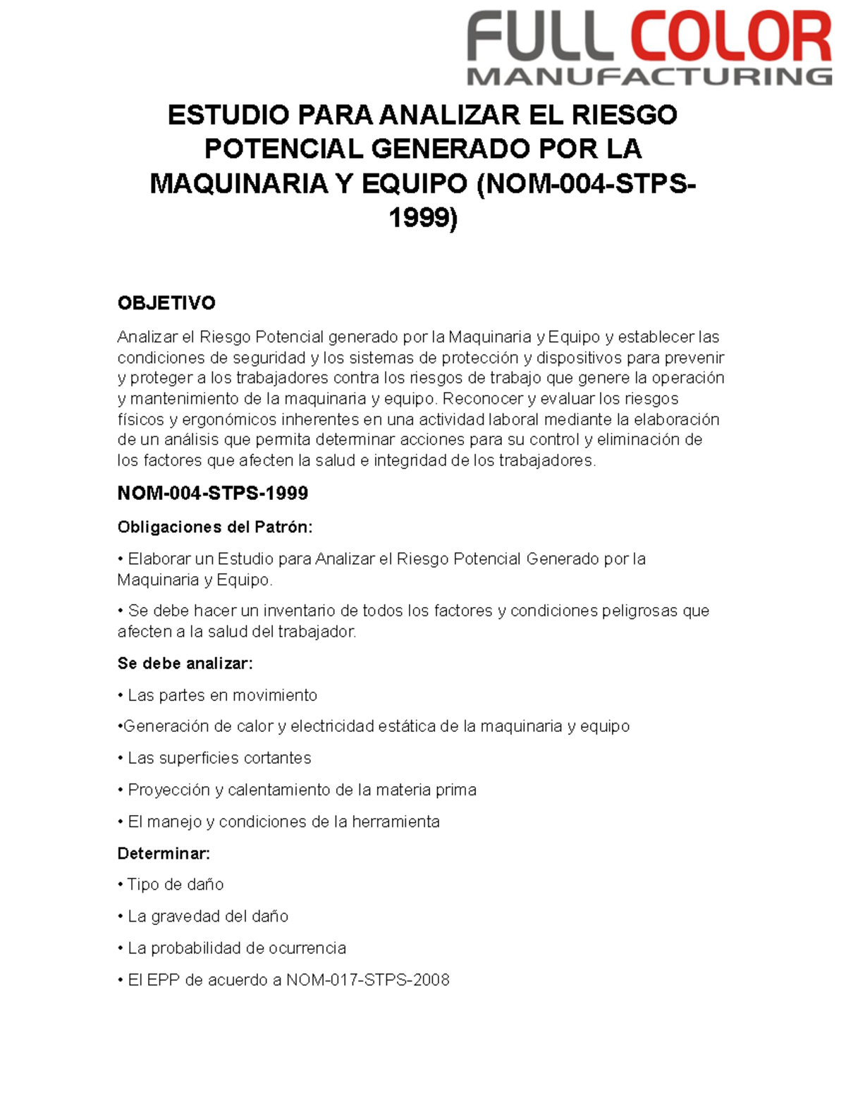 Estudio de Riesgo Potencial por Maquinaria y Equipo: Análisis y ...