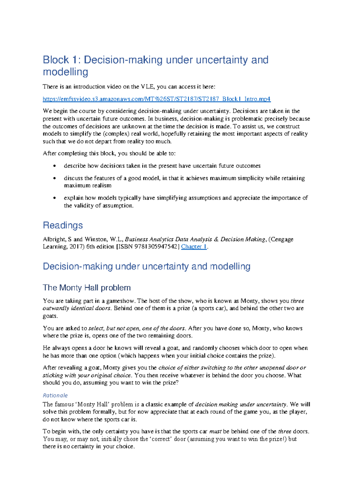 ST2187 Block 1: Decision Making Under Uncertainty and Modelling - Studocu