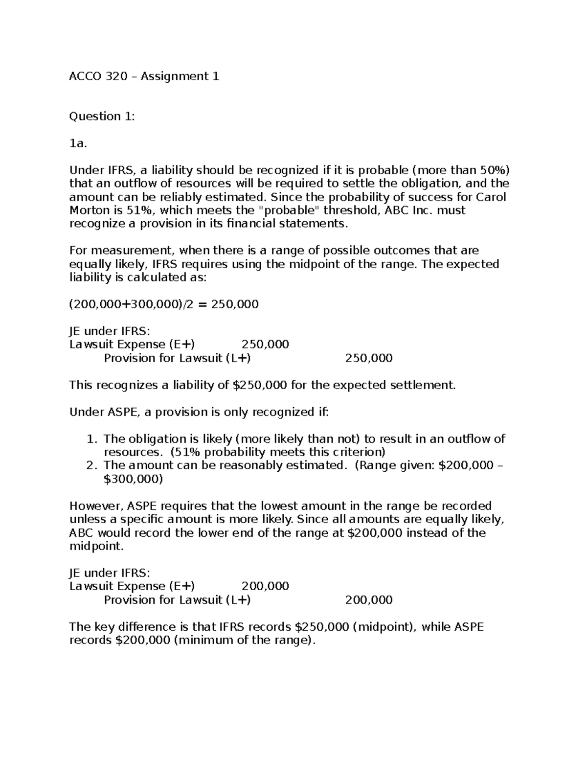 Assignment 1 Analysis and Journal Entries for ACCO 320 - Studocu