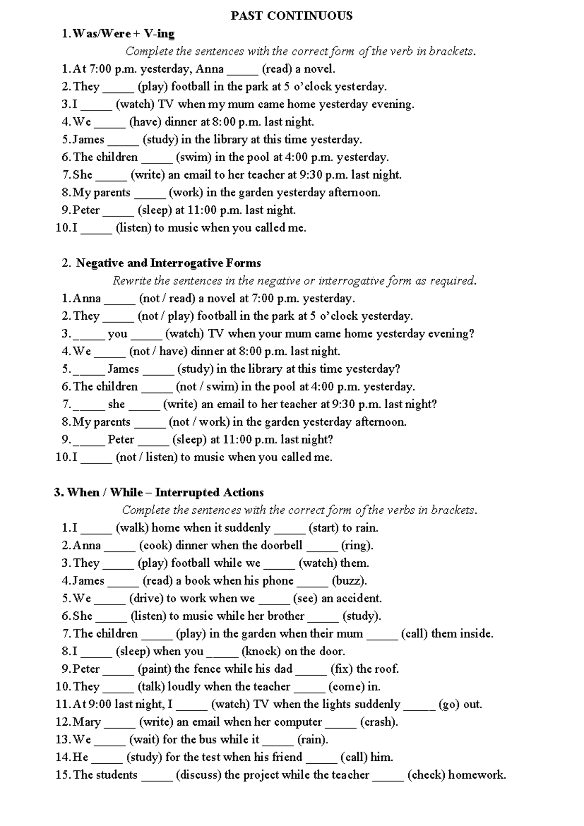 Past Continuous Exercises for Grammar Practice - Studocu