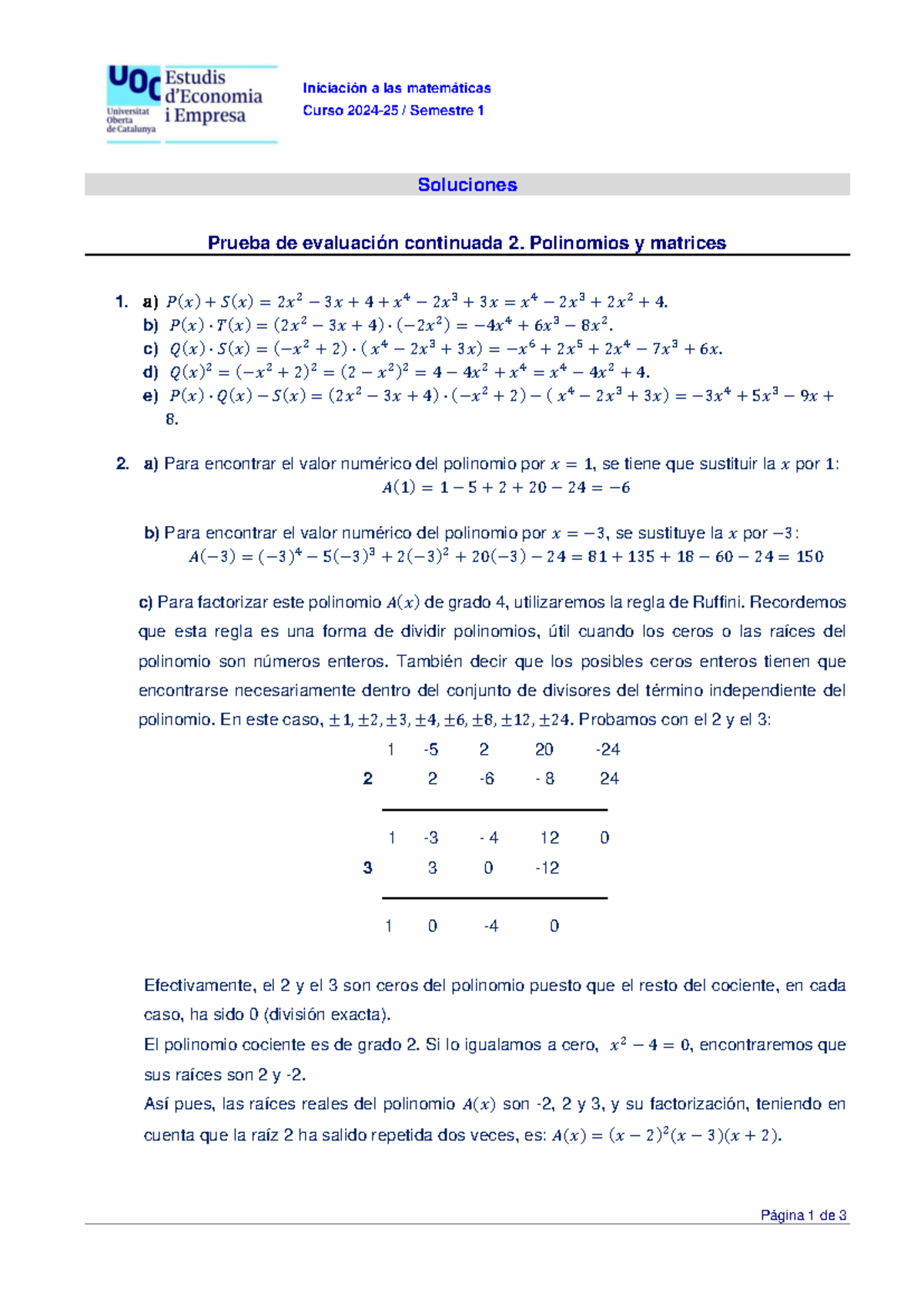 Soluciones PEC2: Polinomios y Matrices - Curso 2024-25 - Studocu