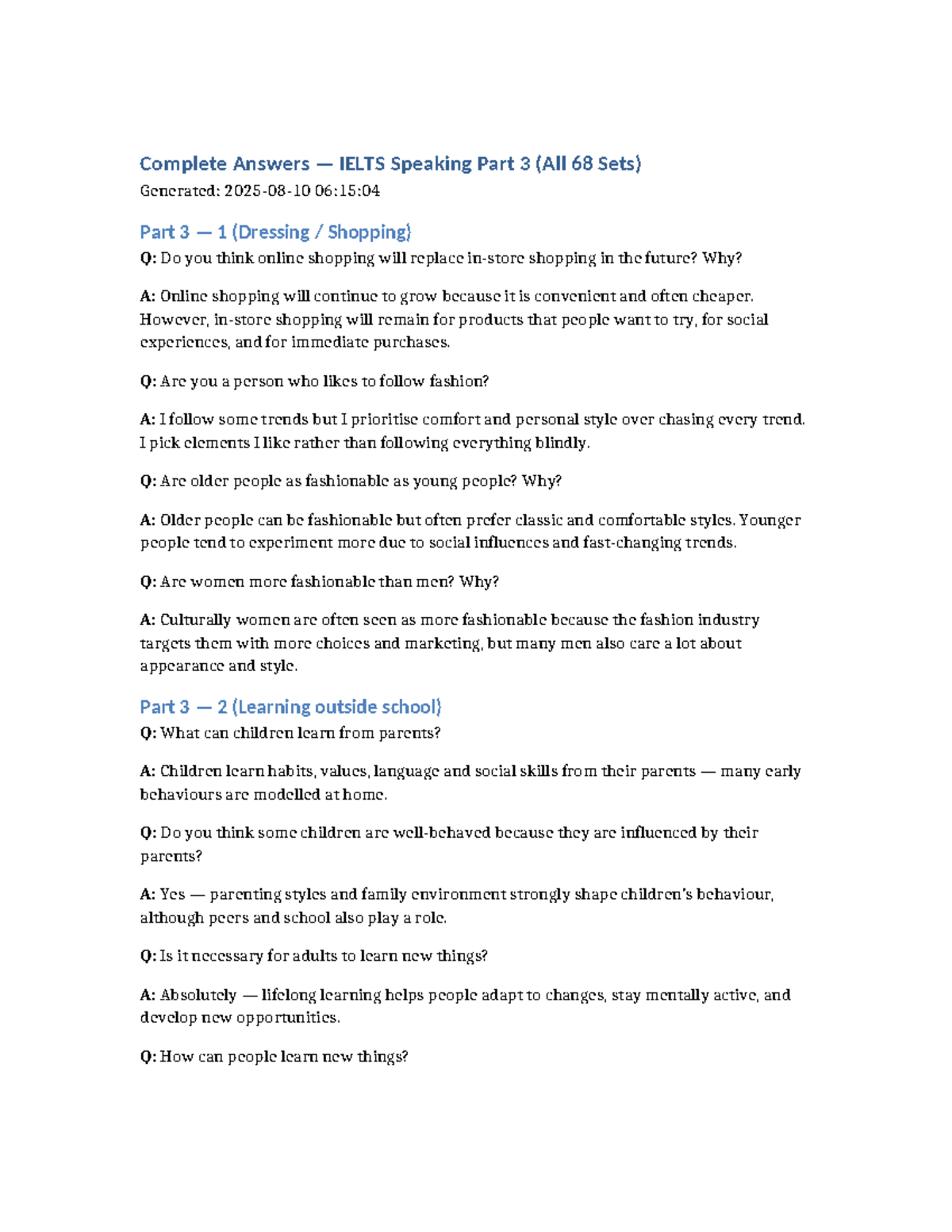IELTS Speaking Part 3: Complete Answers for All 68 Sets - Studocu
