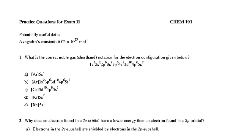 Practice Questions for Exam II CHEM 101 F25 - Studocu