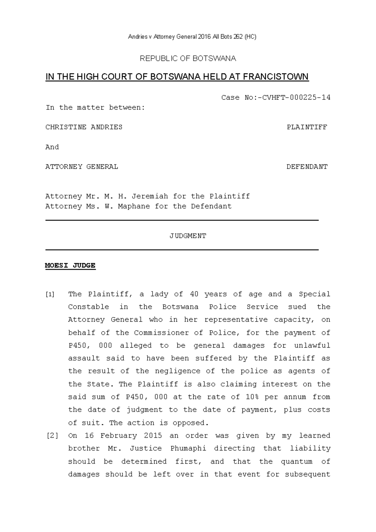 Andries v Attorney General: Negligence Case Analysis (2016) - Studocu