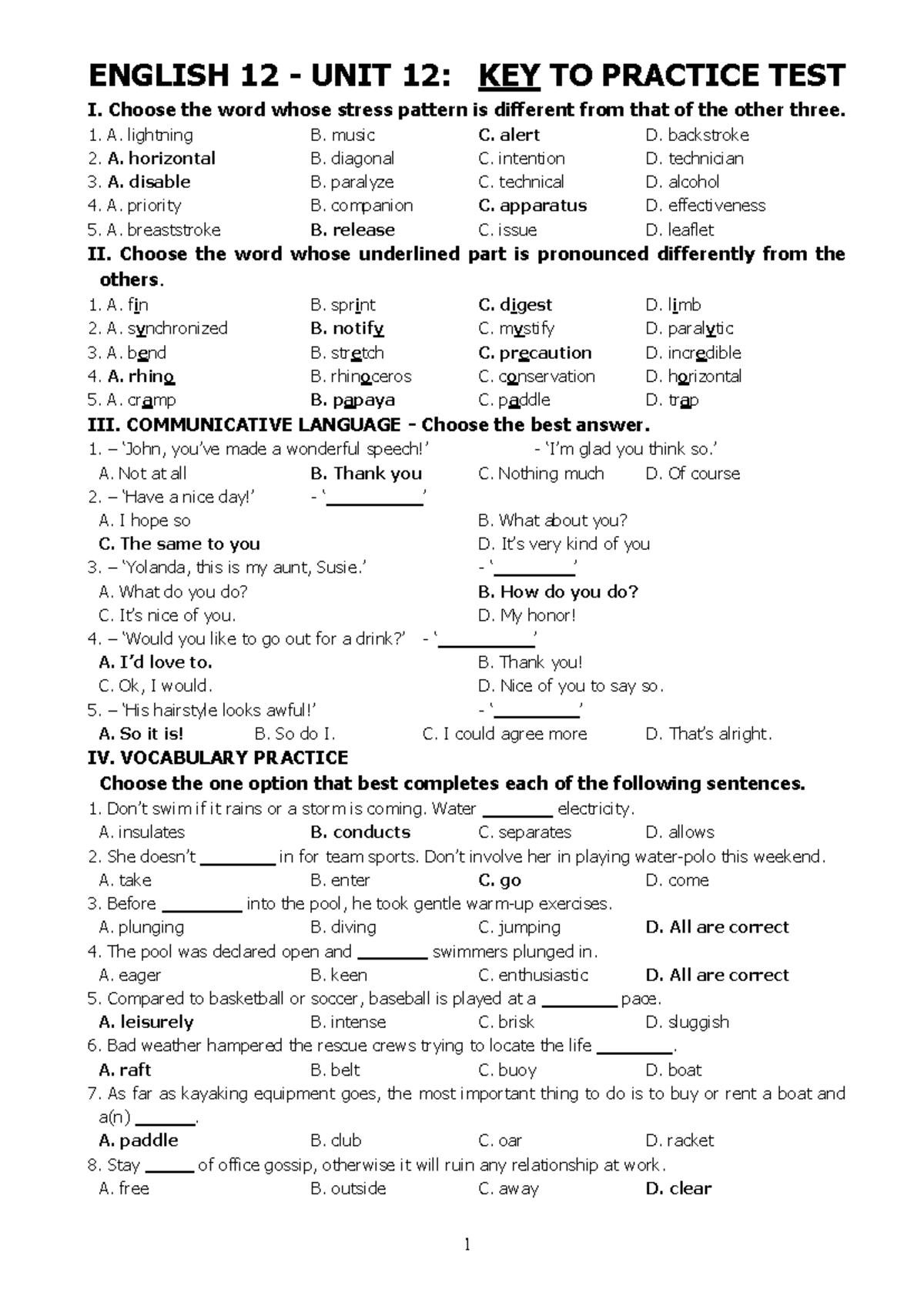 Anh 12 HK2 Unit 12 - Practice test for unit 12 - Key - ENGLISH 12 ...