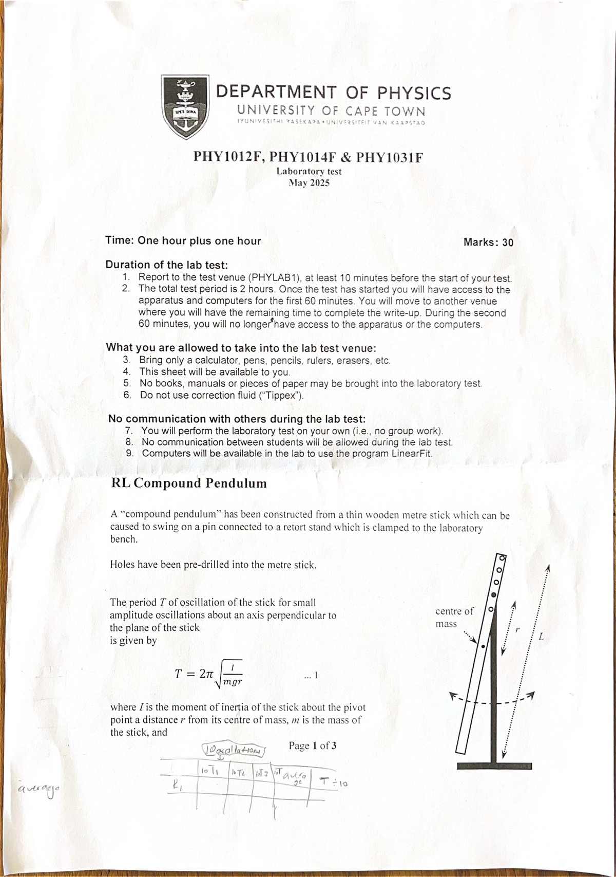 PHY1012F Laboratory Test Guidelines - May 2025 - Studocu