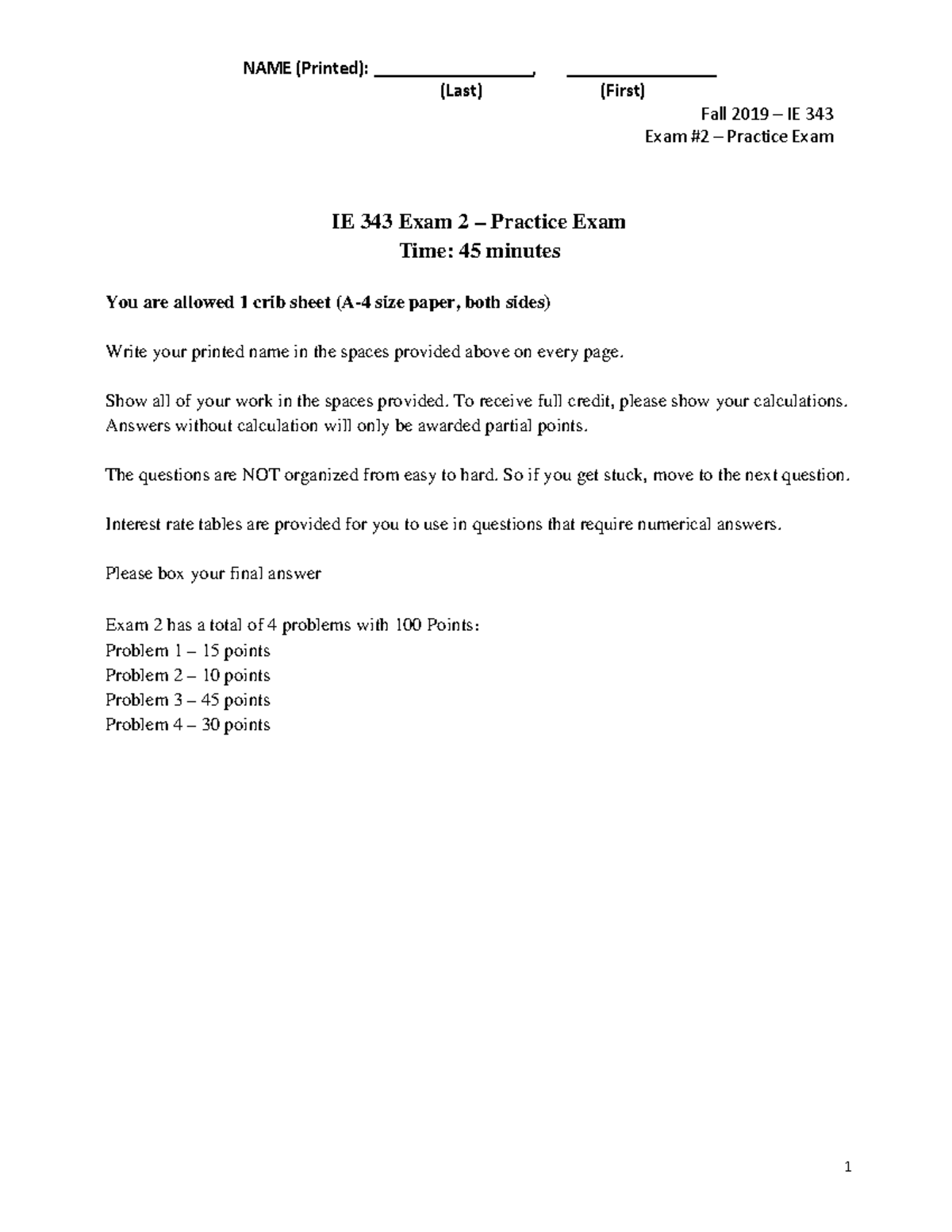 IE 343 Fall 2019 Exam 2 Practice Solutions and Guidelines - Studocu