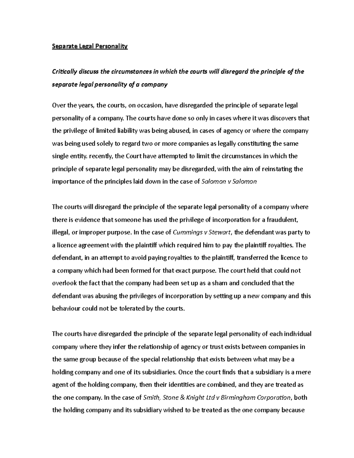 Law 301 - Exam Notes on Separate Legal Personality Principle - Studocu