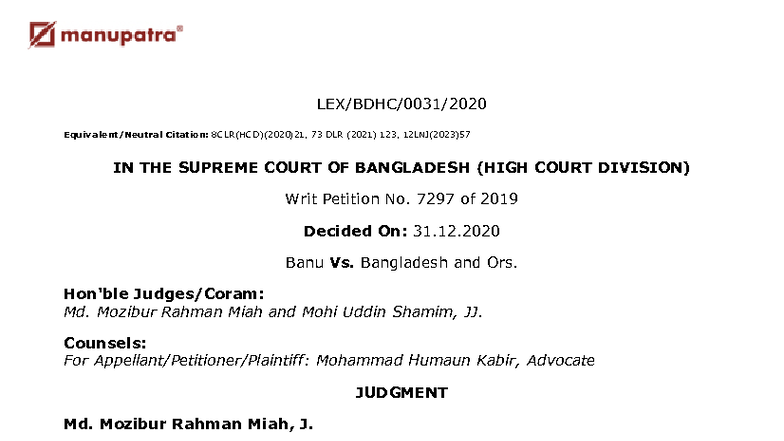 Writ Petition No. 7297 of 2019: Banu vs. Bangladesh - Judgment Analysis ...