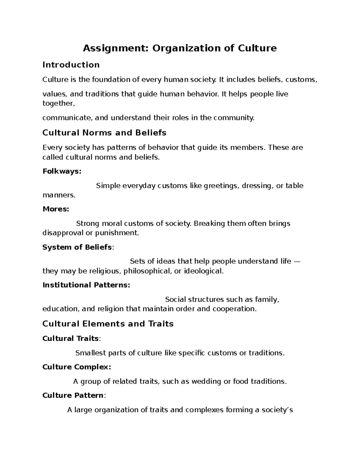 Assignment: Organization of Culture Overview and Key Concepts - Studocu