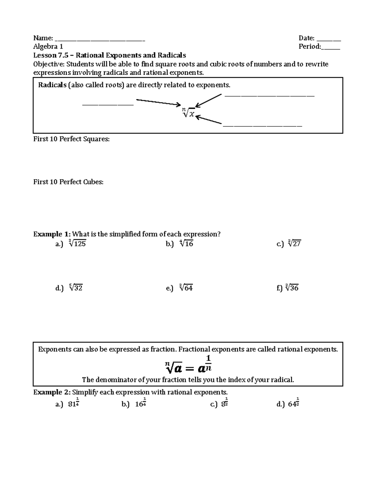 Algebra 1 Lesson 7.5: Rational Exponents & Radicals Notes - Studocu
