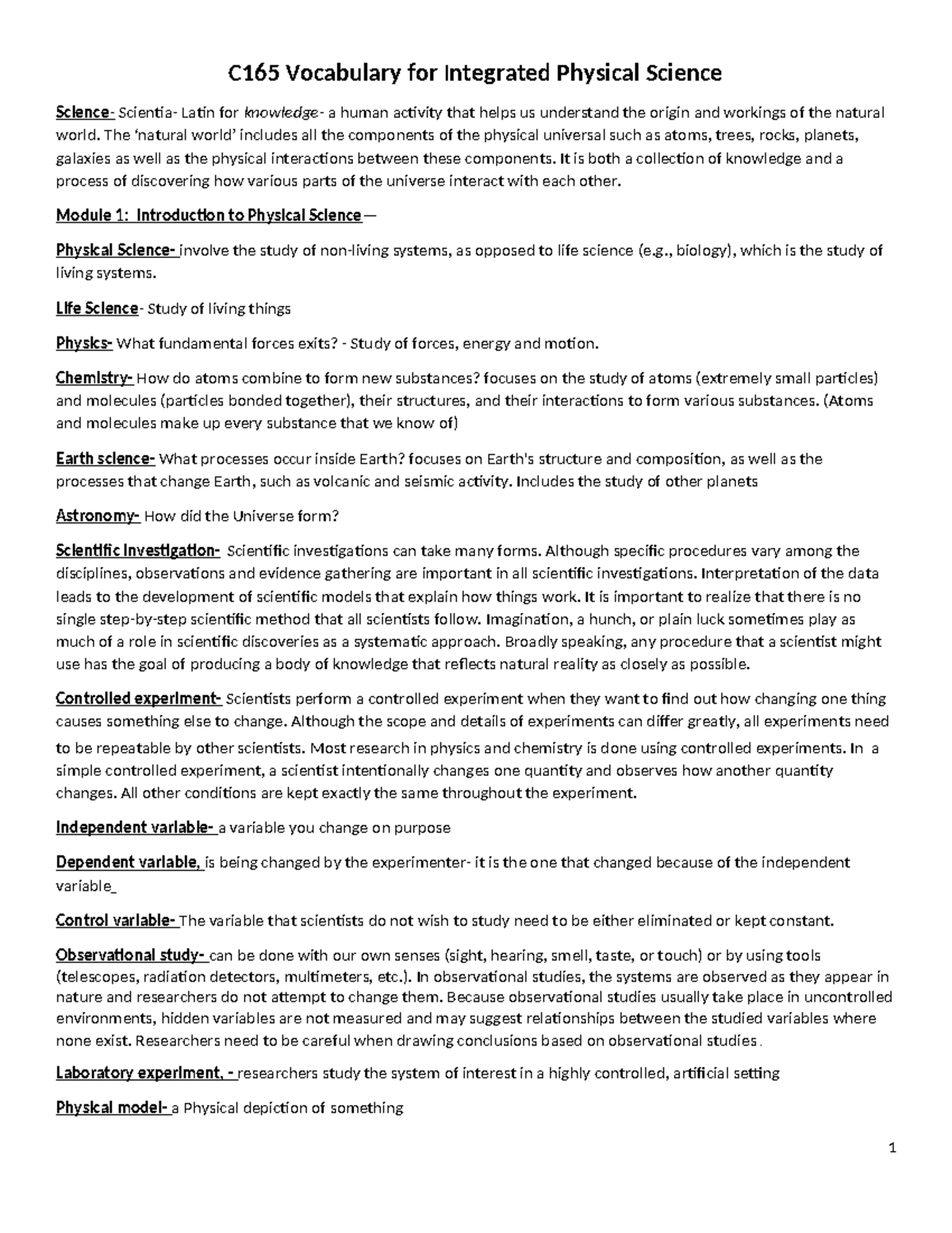 C165 Integrated Physical Science - C165 Vocabulary for Integrated ...