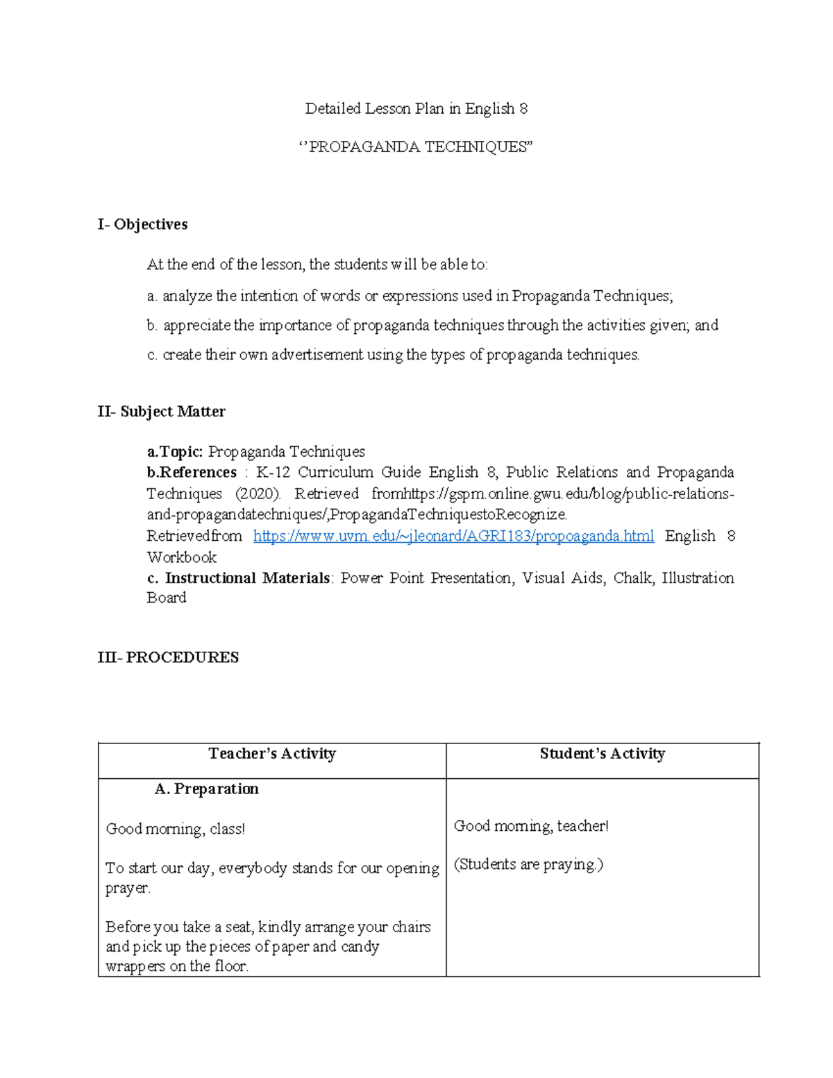 English 8 Detailed Lesson Plan: Understanding Propaganda Techniques ...