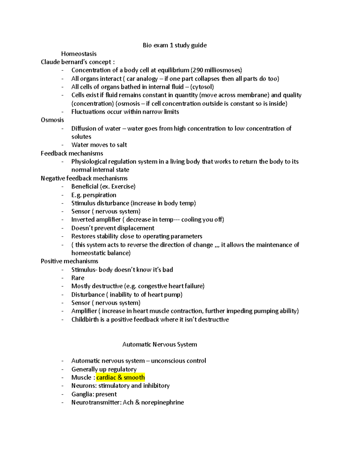 Bio 101: Study Guide for Exam 1 - Homeostasis and Nervous System ...