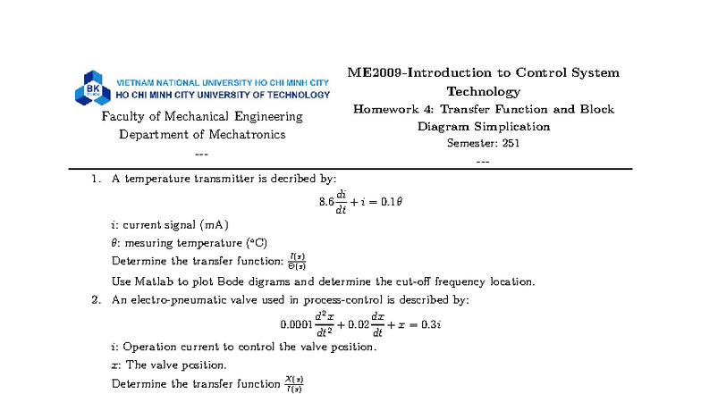 Control System Technology Homework 4: Transfer Functions & Bode ...