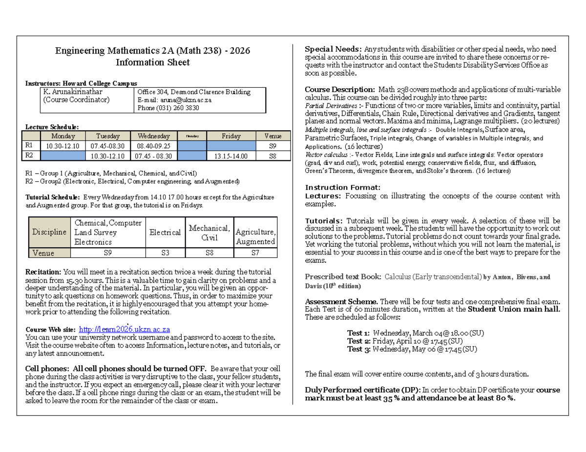 Math 238: Engineering Mathematics 2A Course Information Sheet - Studocu
