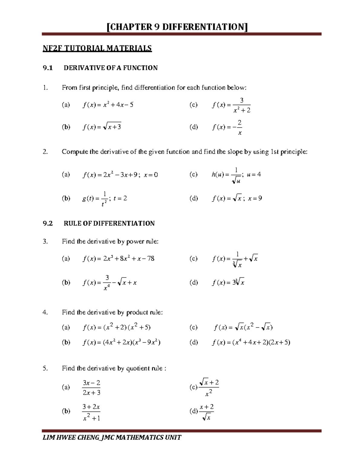 9 NF2F TUTORIAL: DERIVATIVES AND DIFFERENTIATION TECHNIQUES - Studocu