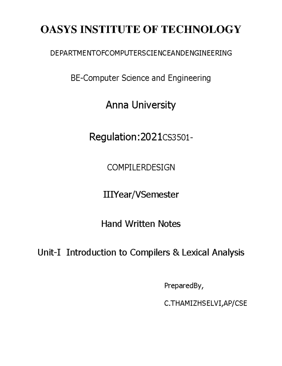 CS3501 Compiler Design Unit 1 Handwritten Notes - Studocu