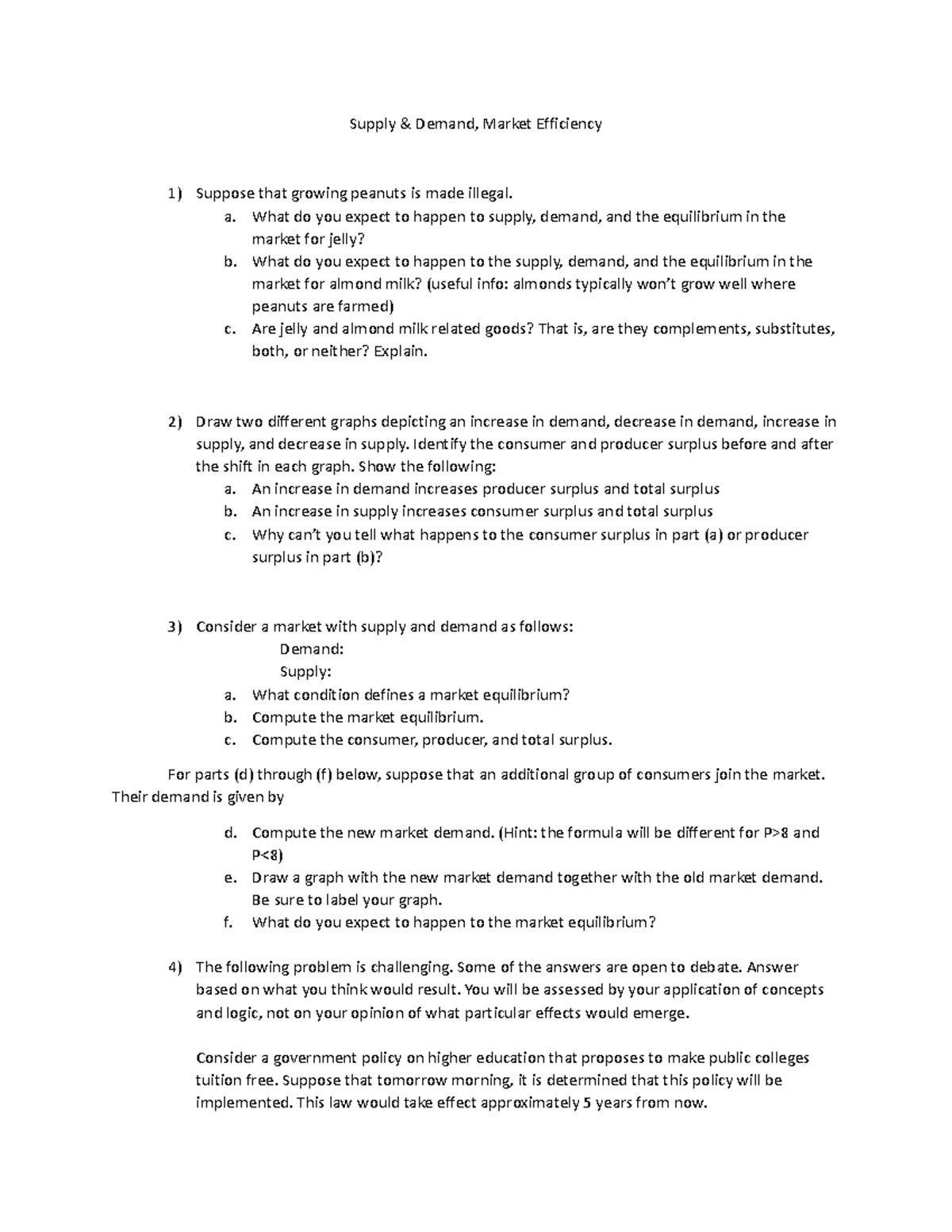 ECO 101: Supply & Demand Analysis and Market Efficiency Homework - Studocu