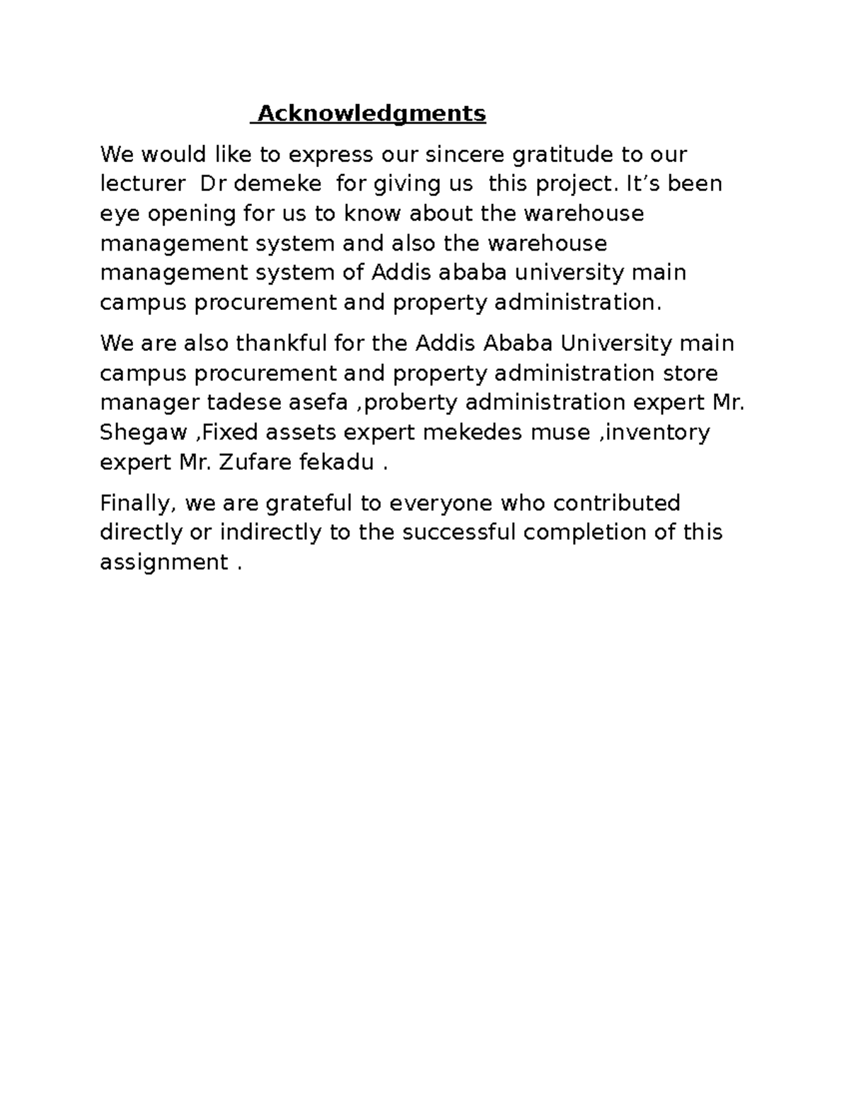 Acknowledgments for Homework Assignment on Warehouse Management - Studocu