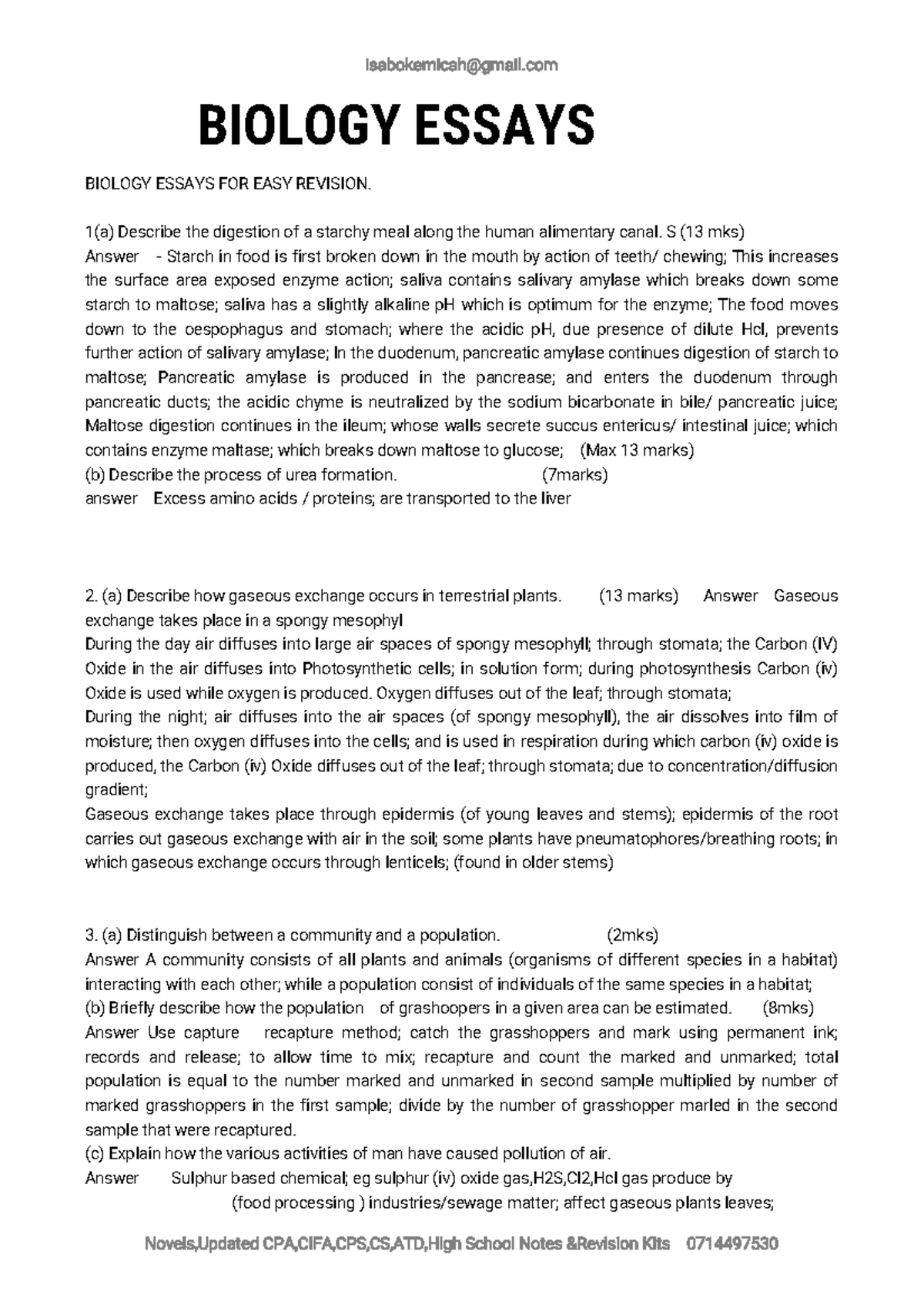 Biology Essay Booklet (BIOL 101) - Comprehensive Study Guide - Studocu
