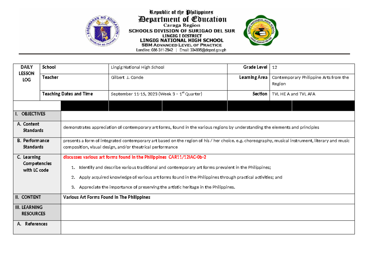Week 3 Lesson Log on Contemporary Philippine Arts (CPAR 12) - Studocu
