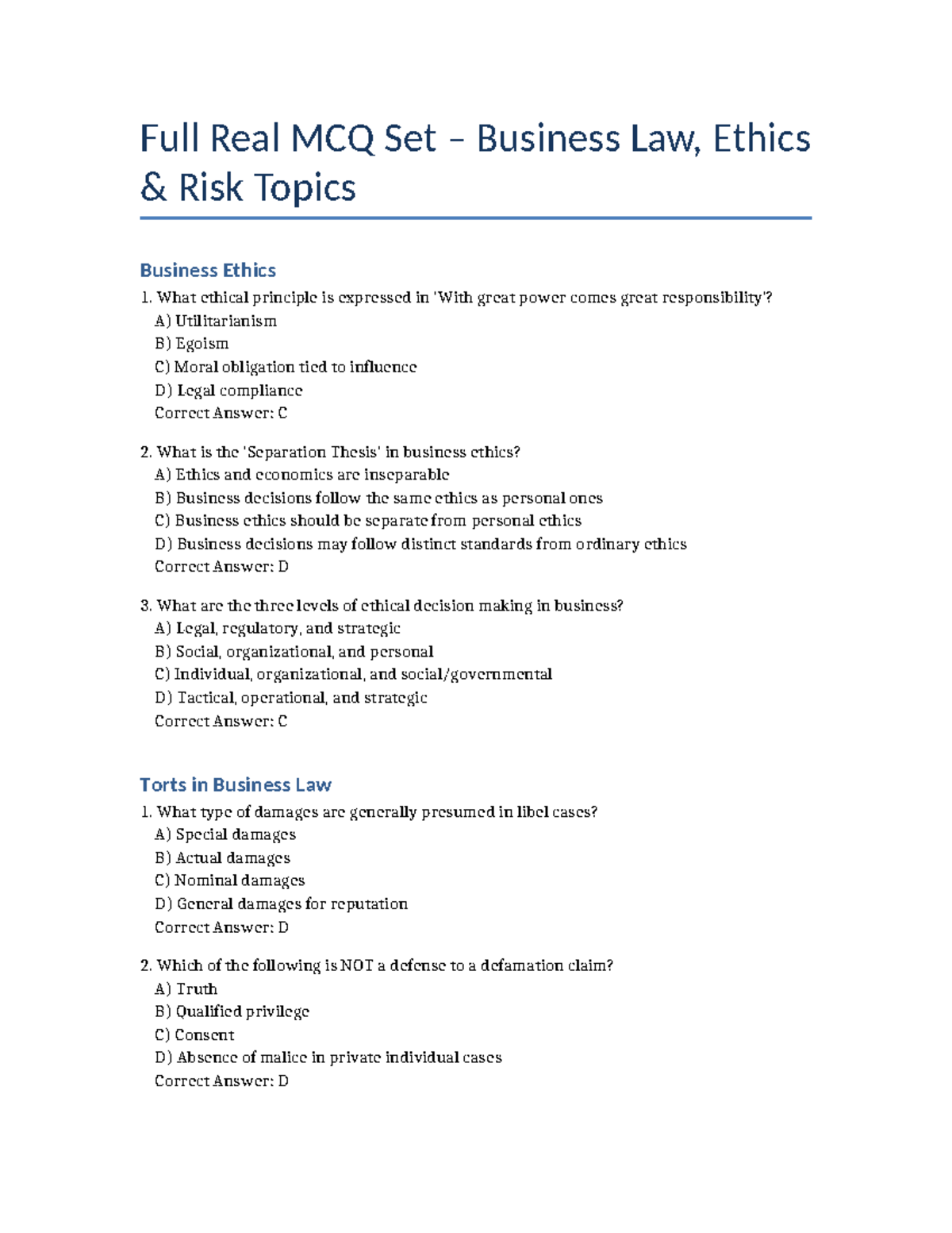 Full Real 300 MCQ Set: Business Law, Ethics & Risk Topics - Studocu