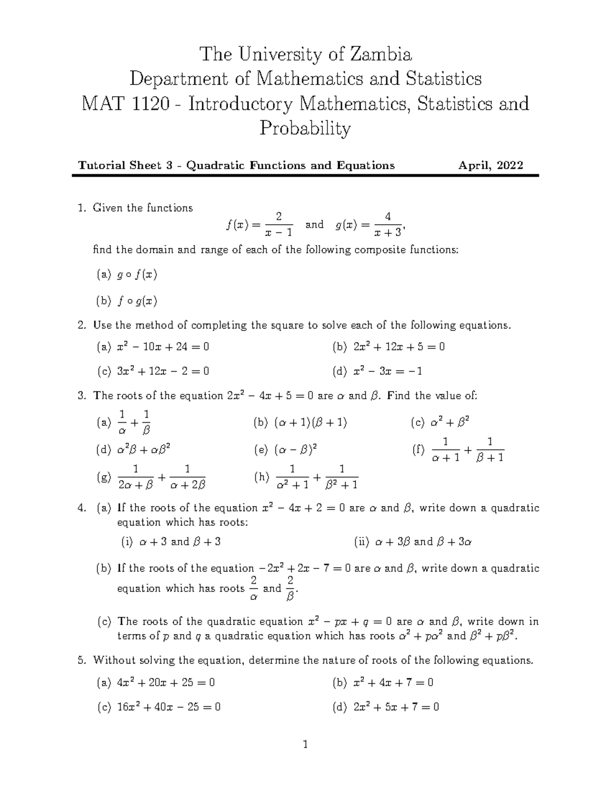 MAT 1120 Tutorial 3: Quadratic Functions & Equations Solutions - Studocu