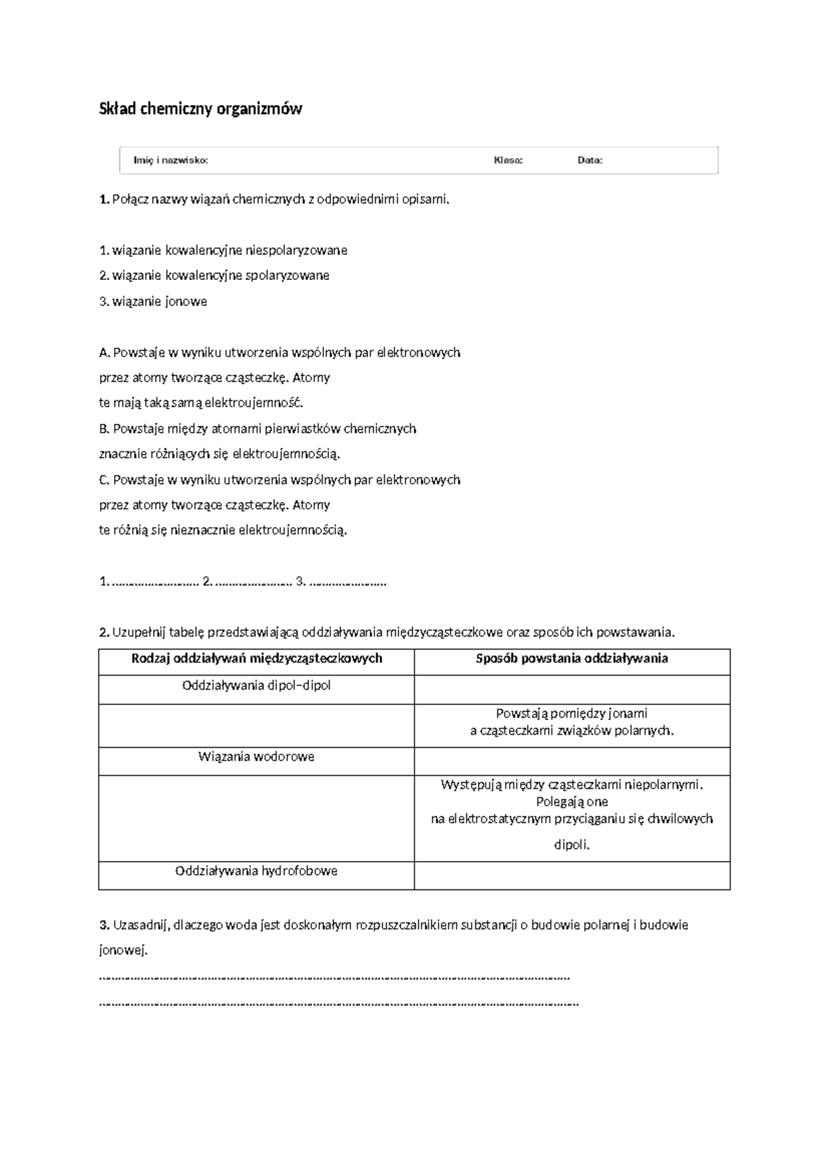 Skład chemiczny organizmów 2 - Wiązania i oddziaływania chemiczne - Studocu