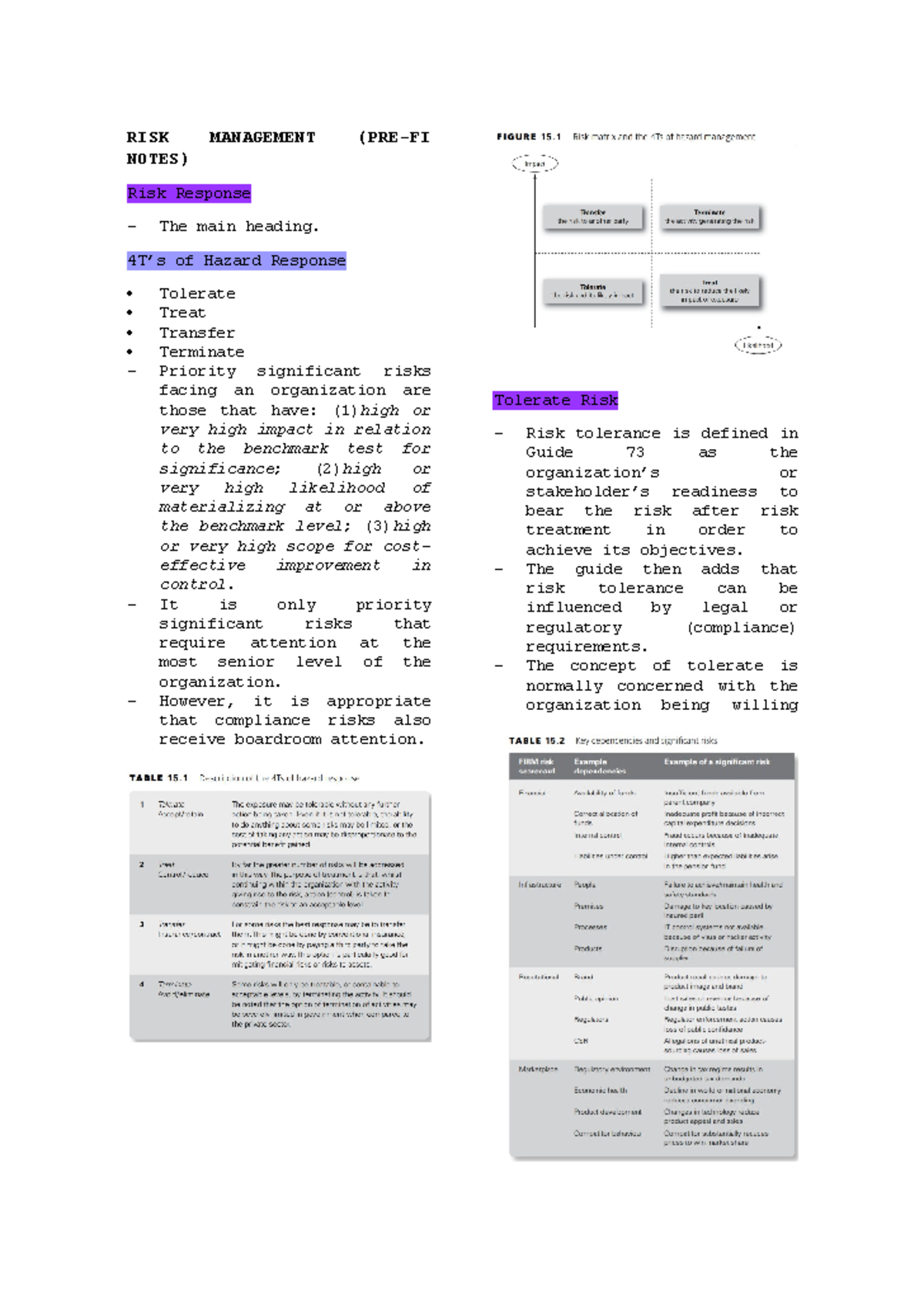 Pre-finals - Reviewer - RISK MANAGEMENT (PRE-FI NOTES) Risk Response ...