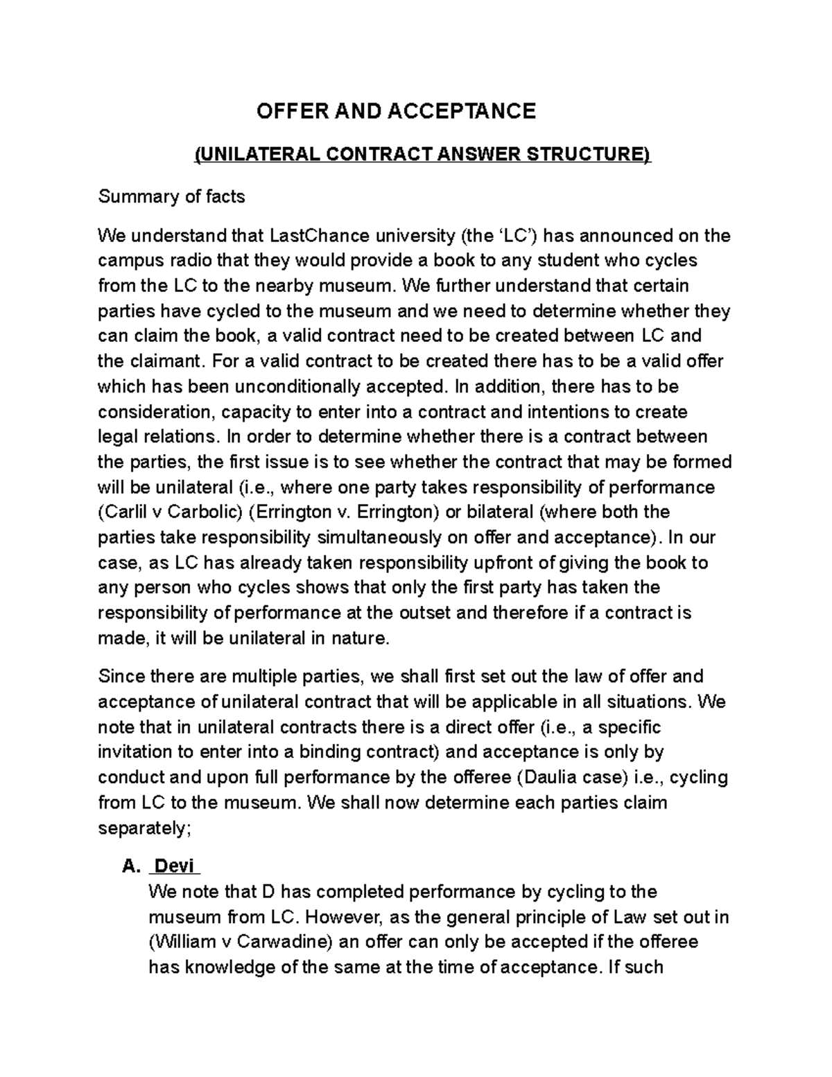 Offer AND Acceptance Unilateral Answer - OFFER AND ACCEPTANCE ...