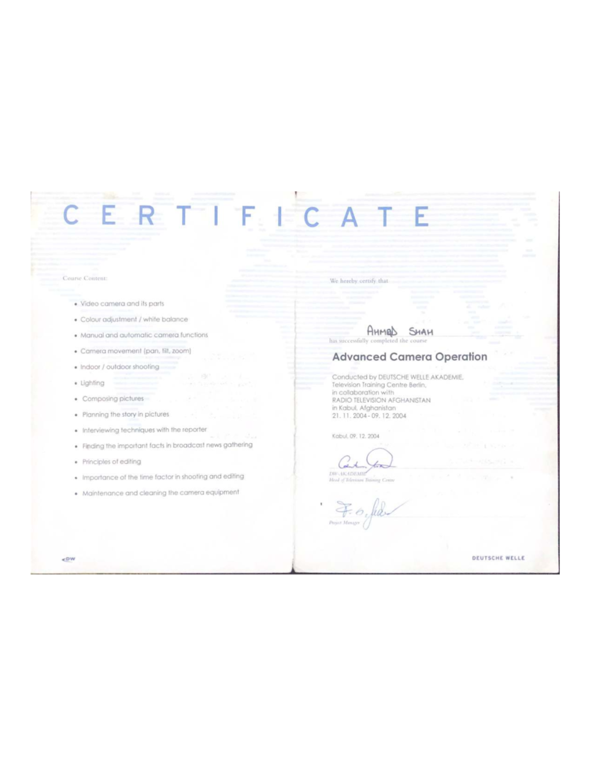 Certificate of Completion: Advanced Camera Operation Course - Studocu