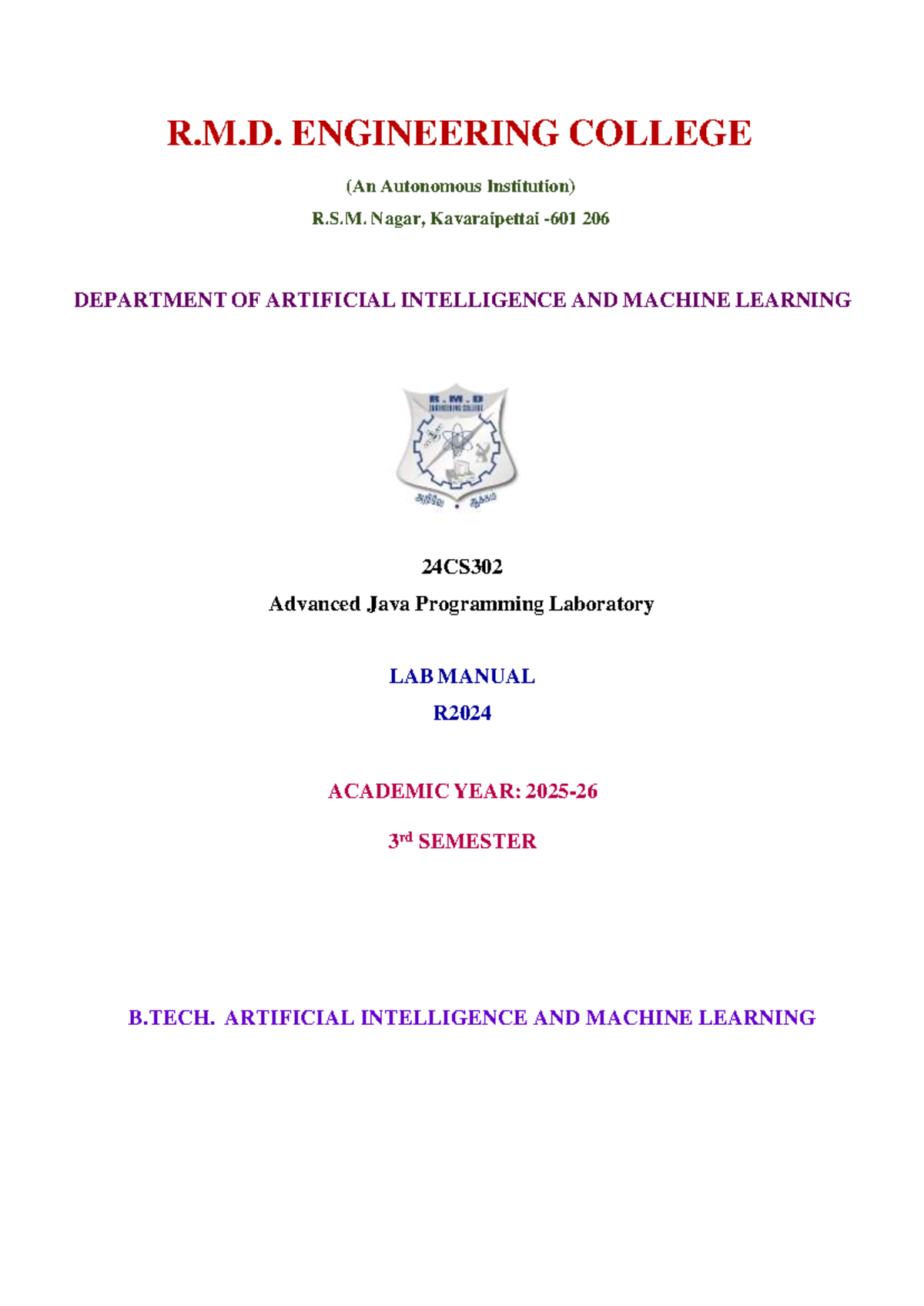 24CS302 Advanced Java Programming Lab Manual - R2024 - Studocu