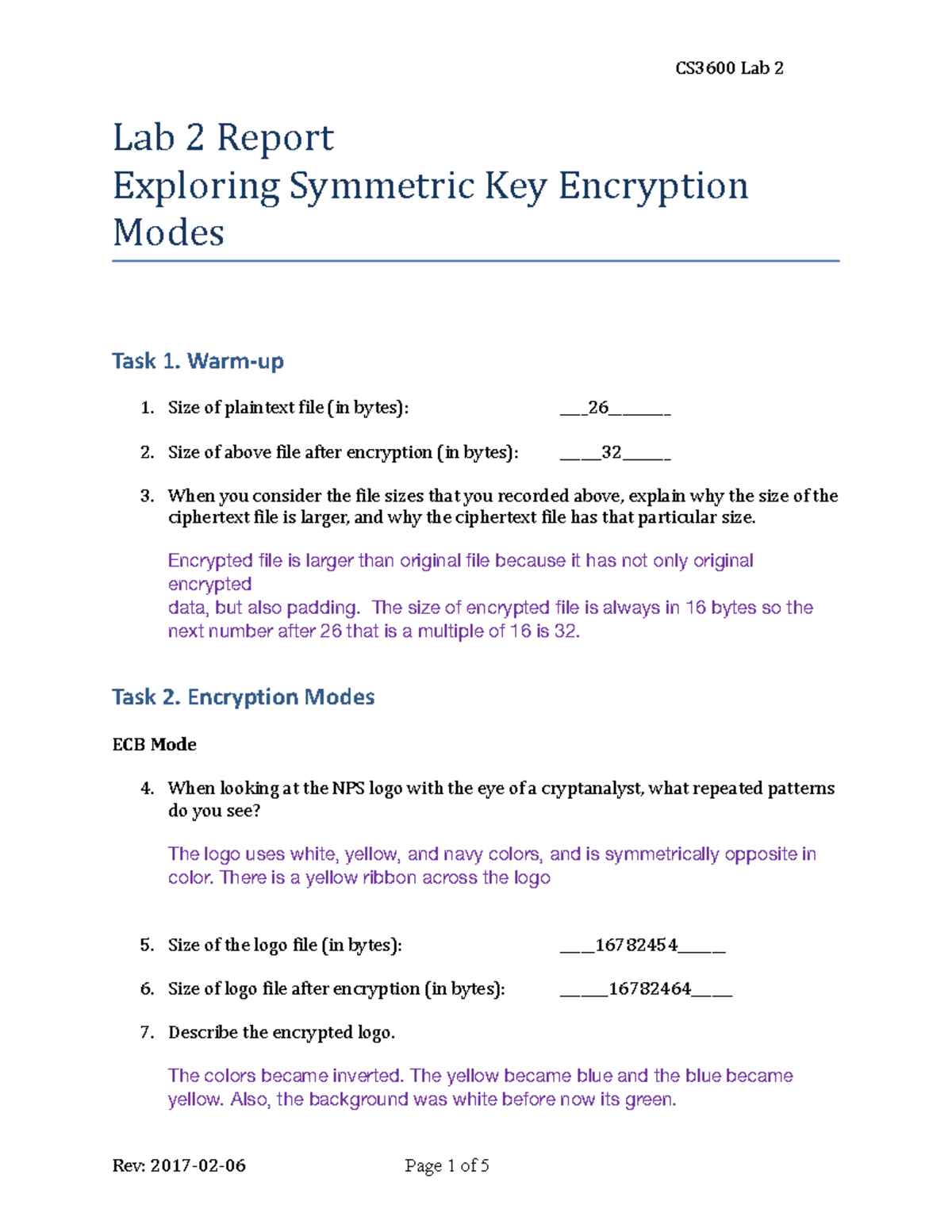 CS3600 Lab 2: Exploring Symmetric Key Encryption Modes and Observations ...