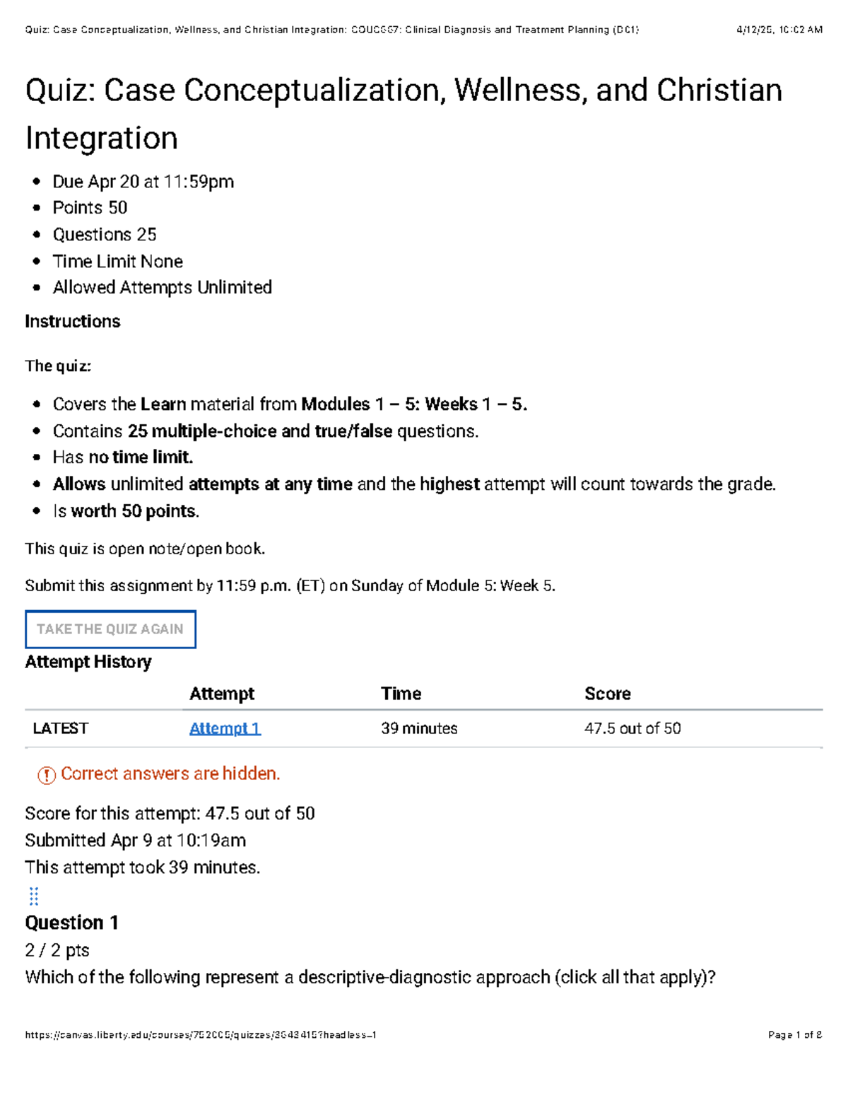 Quiz: Case Conceptualization & Wellness Integration: COUC667 (D01 ...