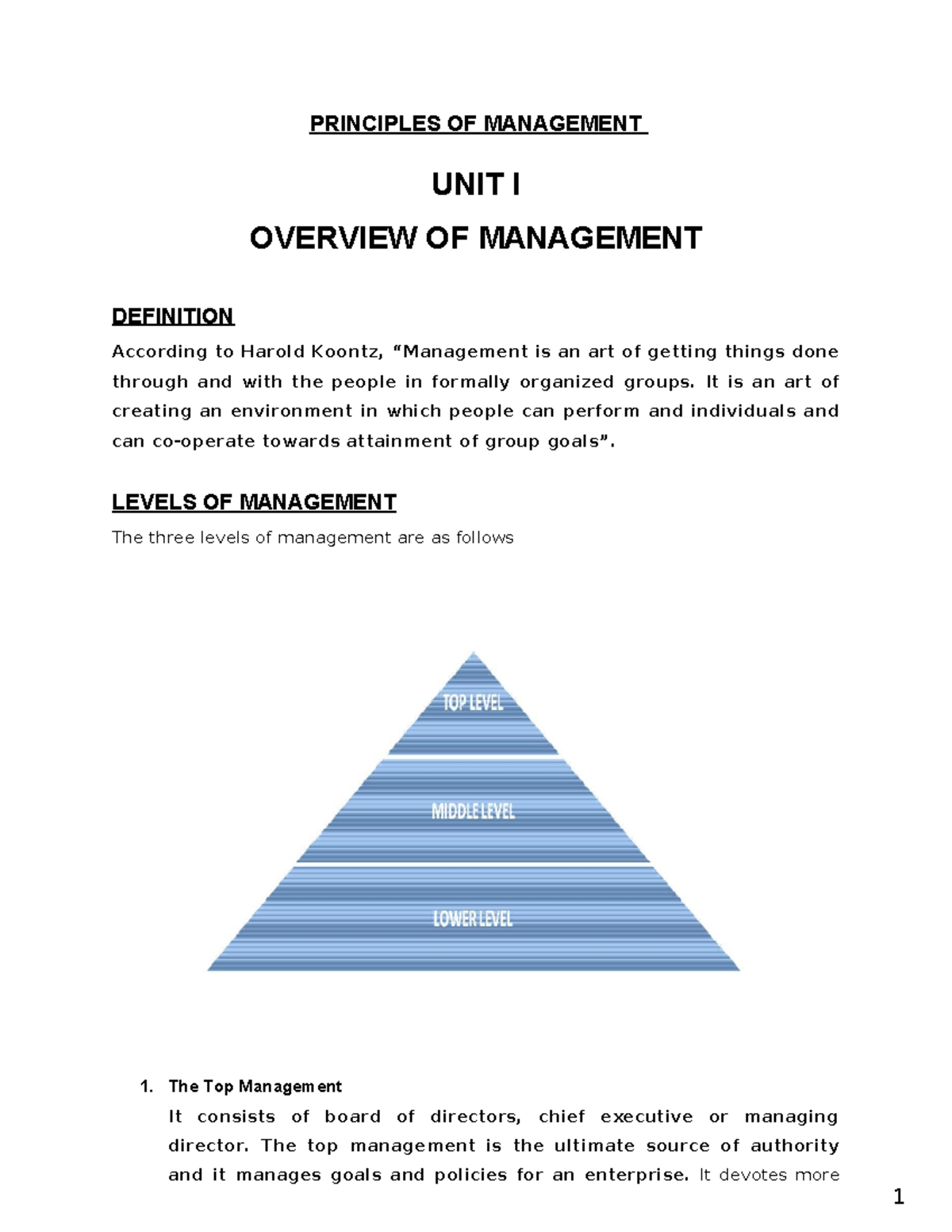 POM 101: Unit I Overview of Management Principles and Functions - Studocu